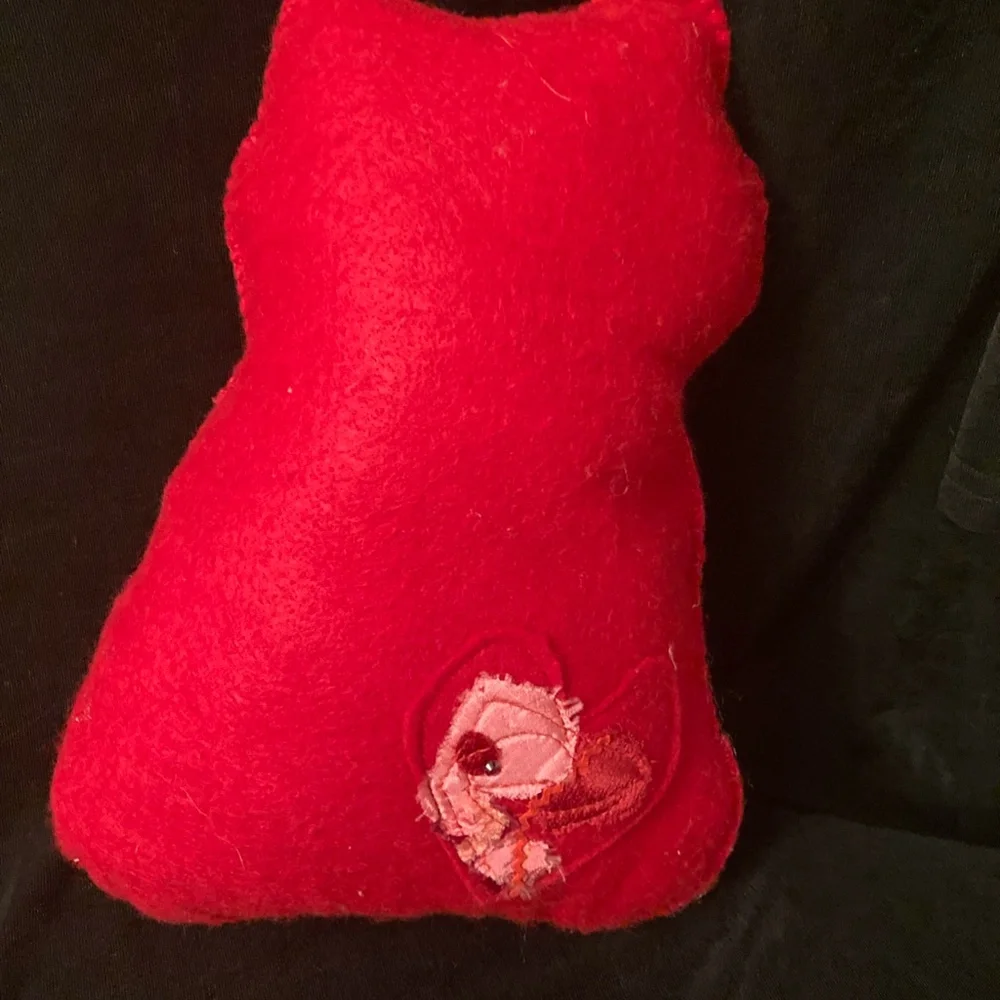 Felted cat pillow with apliqued and stitched designs. Vintage fabric and button.